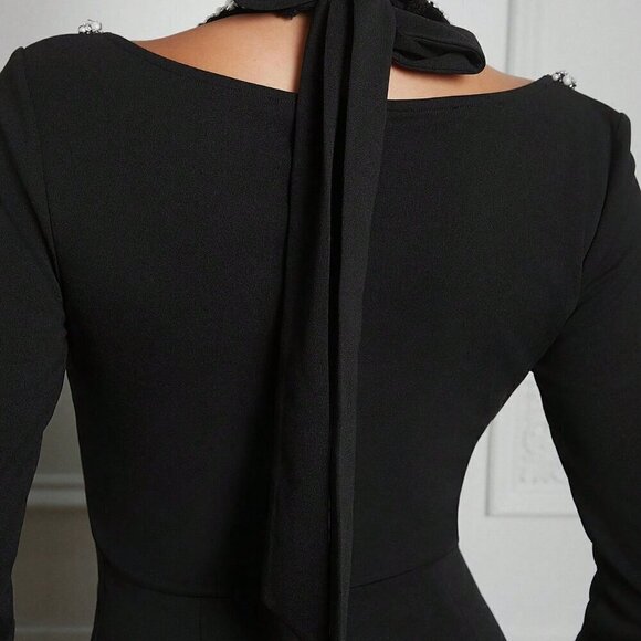 Black Party Women's Dress With Halter Neck And Pearl Trim - Picture 7 of 8